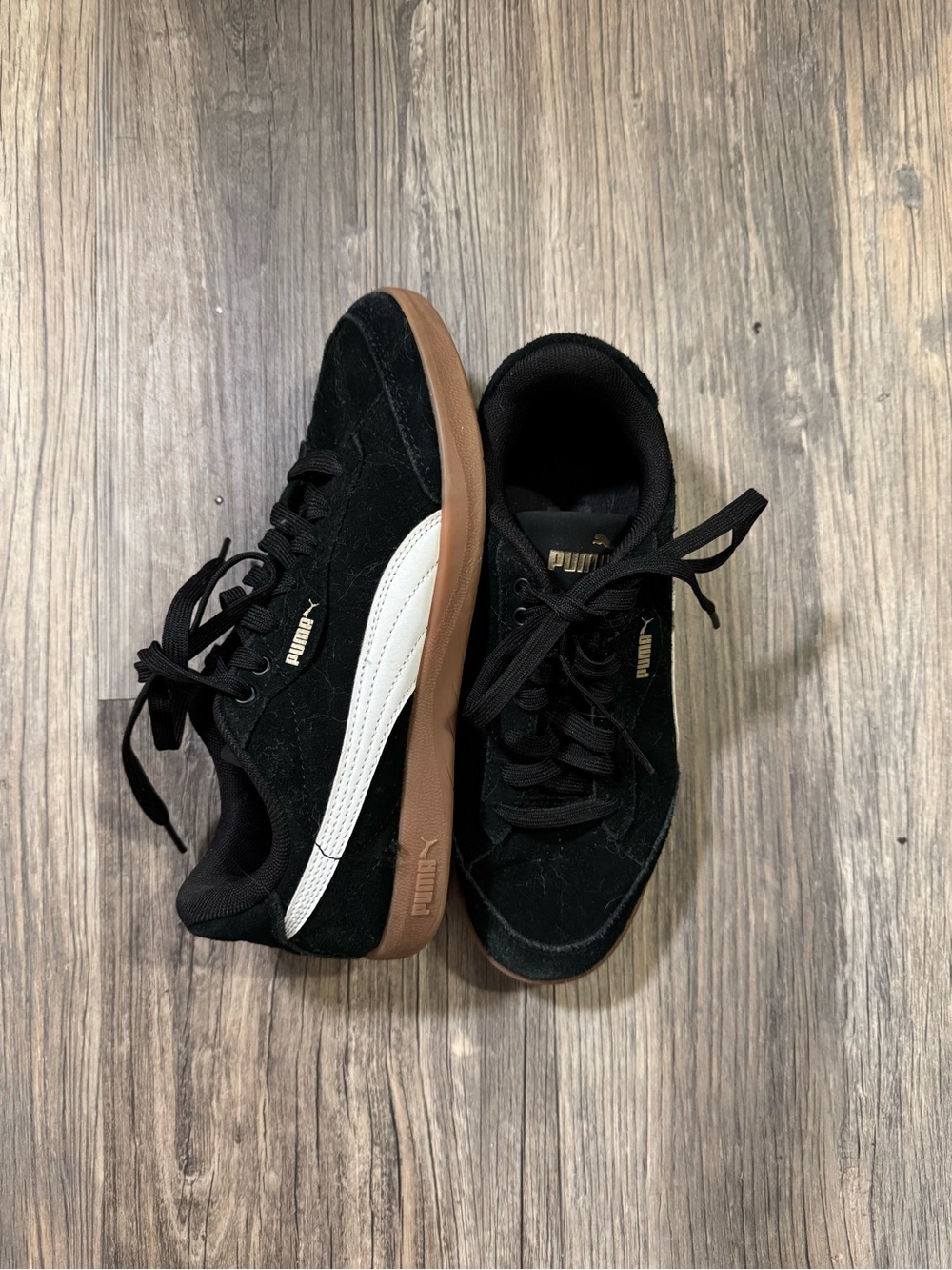 Puma Men's Black Suede Sneakers with White Formstrip and Brown Gum Sole